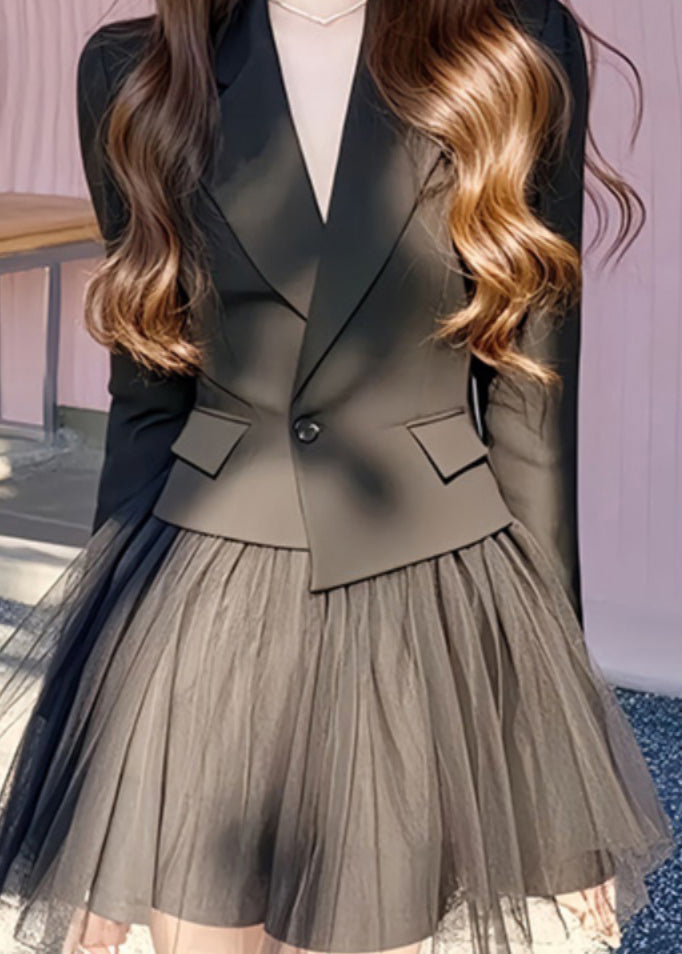 Pieces Tulle Skirts Notched Long Two Set Coats And Black French