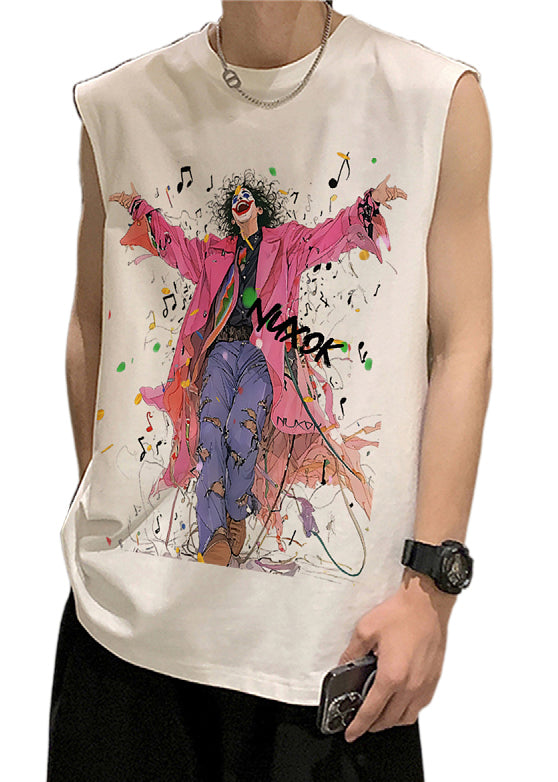 Tanks Print O-Neck Mens Black Sleeveless Cotton French