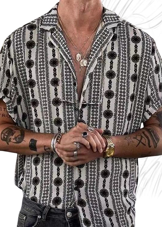 Print Shirt Black Pan Collar French Men Summer Cotton Peter