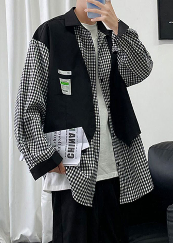 Shirts Cotton Pieces Black Plaid False Two Men French Patchwork