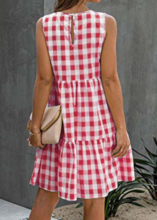 Black Sleeveless Dress Cotton Pockets French Plaid