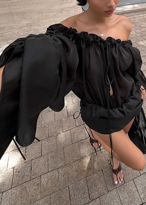 French Black Ruffled Lace Up Silk Mid Dress Spring YZ050