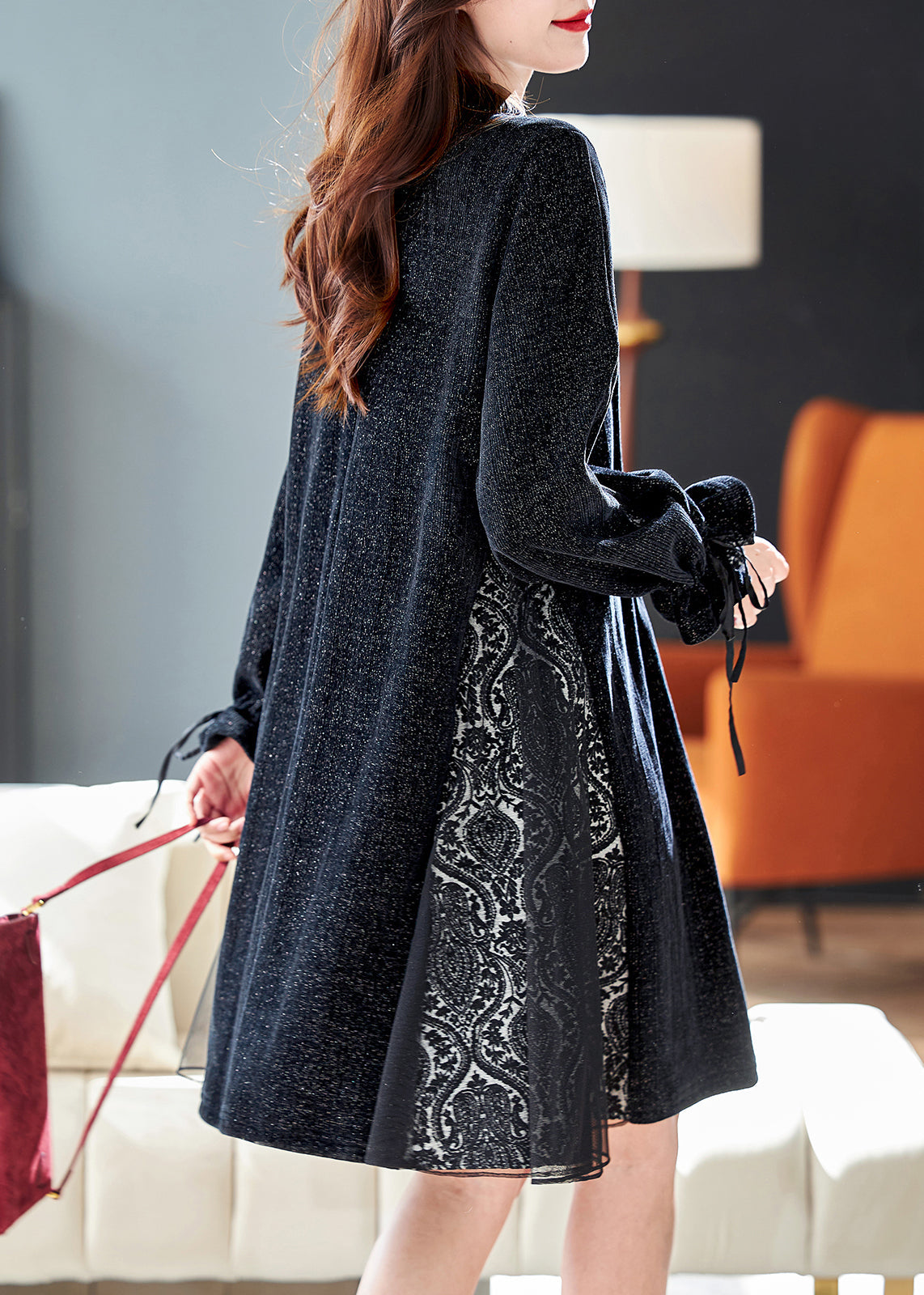 French Black Sequins Tulle Patchwork Dresses Butterfly Sleeve RL043