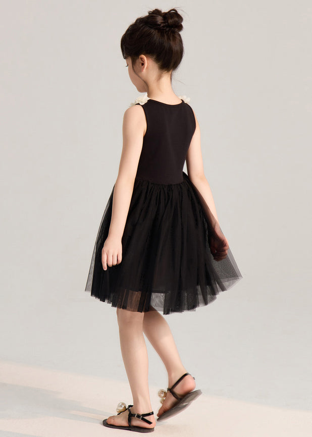 French Black Solid Tulle Patchwork Girls Mid Dress Sleeveless EW037