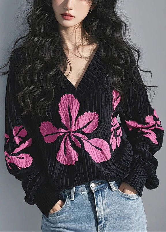 V Black Corduroy Neck Print Top Shirt T French Spring