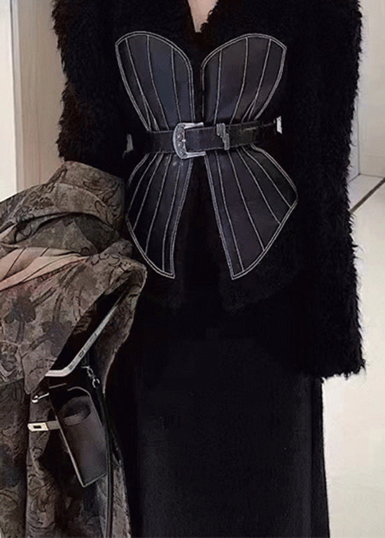 French Black V Neck Tie Waist Patchwork Leather And Fur Coats Spring YY001