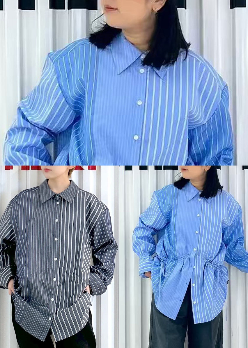 French Asymmetrical Striped Blue Cotton Shirts Spring