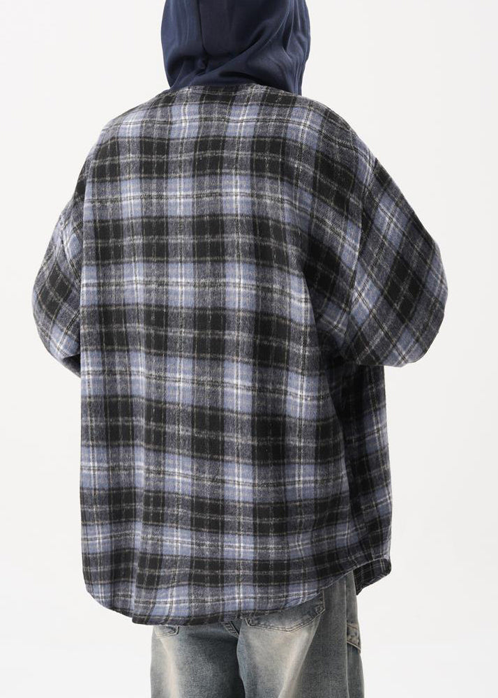 Coats Mens Hooded French Spring Blue Plaid Button Cotton