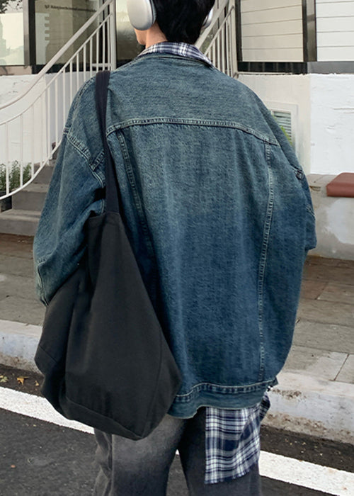 French Blue Plaid Patchwork False Two Pieces Denim Mens Coats Spring TC049