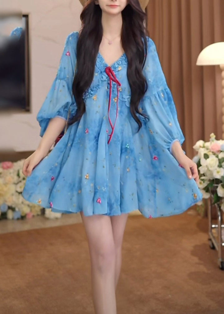 Blue Dresses Sleeve Puff Ruffled French Print Chiffon
