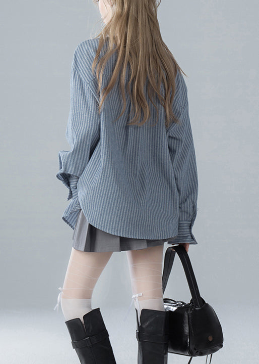 French Spring Striped Bow Blue Cotton Shirts