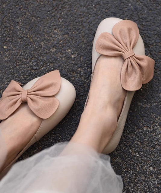 Splicing Faux French Penny Bow Beige Leather Loafers
