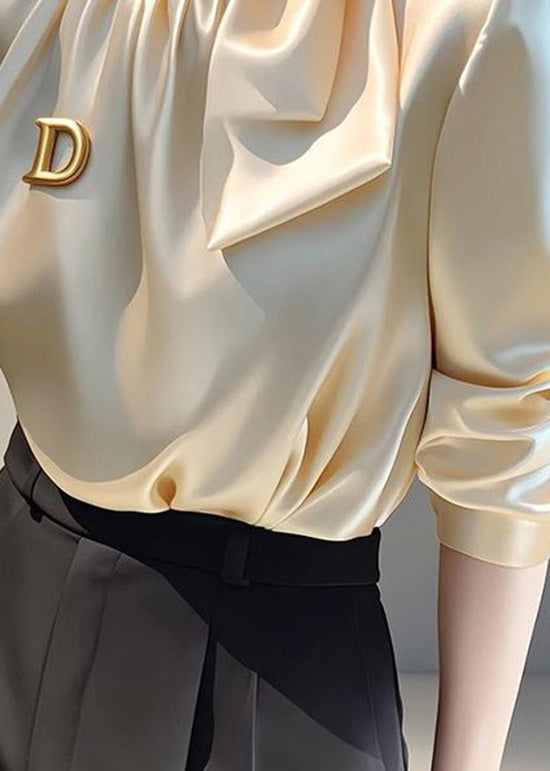 Champagne Blouse Top Silk French Spring Bow Collar Stand