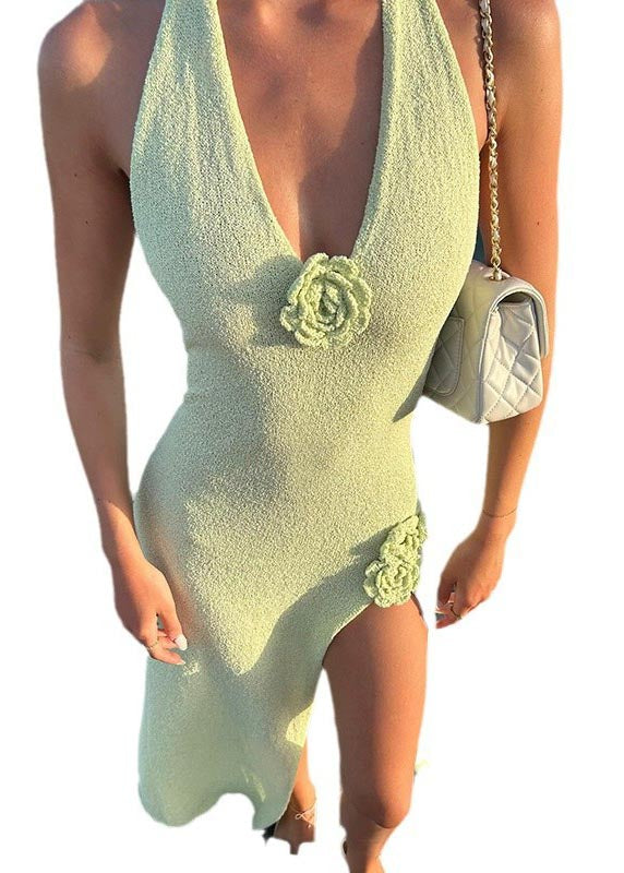 Side Holiday Open Decorated French Green Floral Dress Fruit Knit