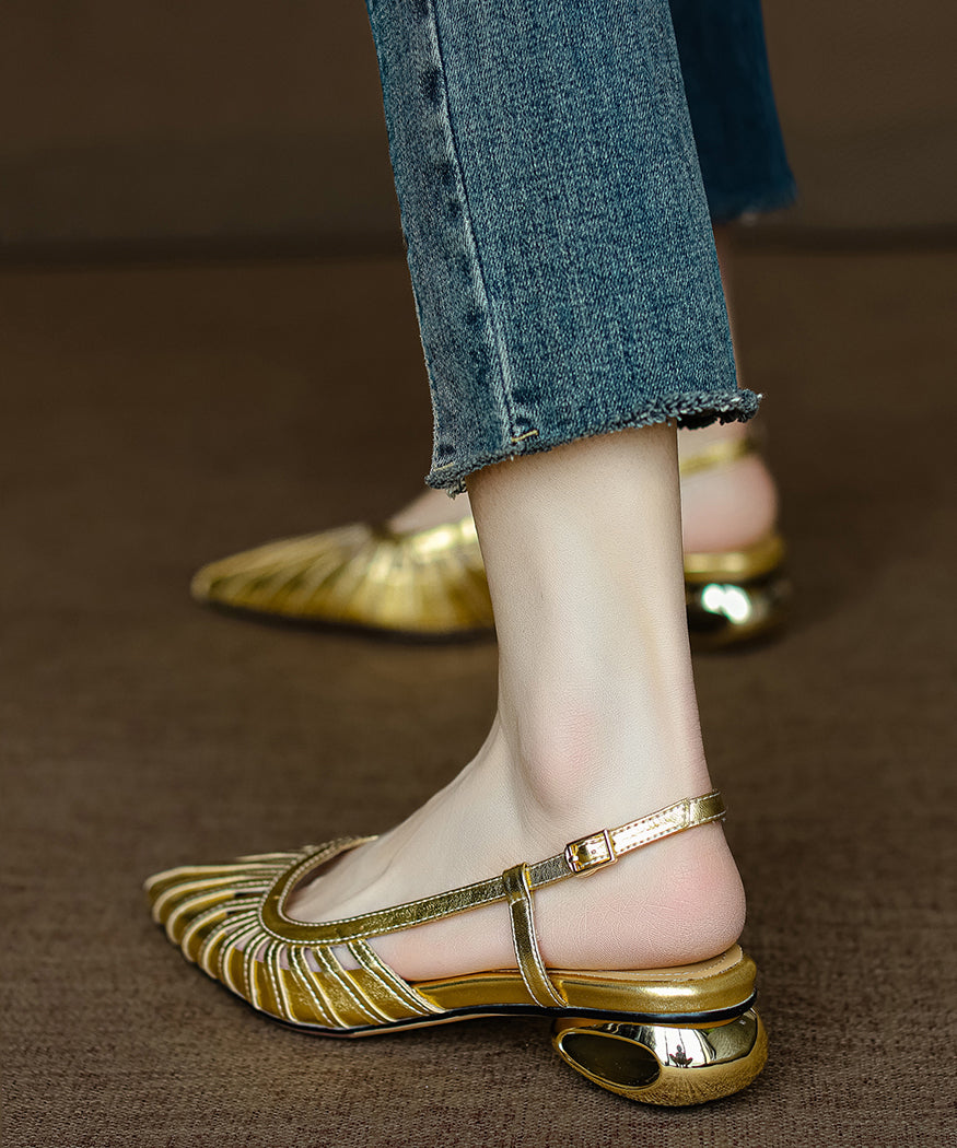 Sandals Leather Out Cowhide Gold Chunky French Hollow Toe Pointed