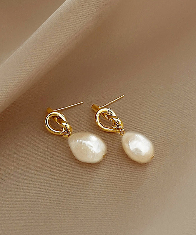 Earrings Pearl Copper Drop Asymmetrical French Gold Alloy