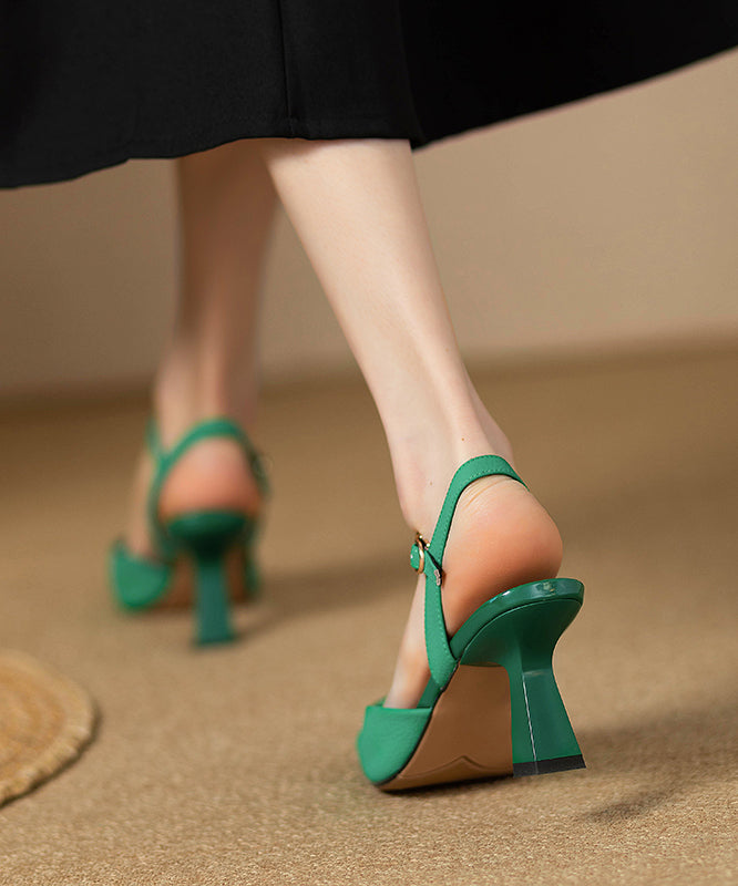 Green Leather Heels Faux French High Square Toe
