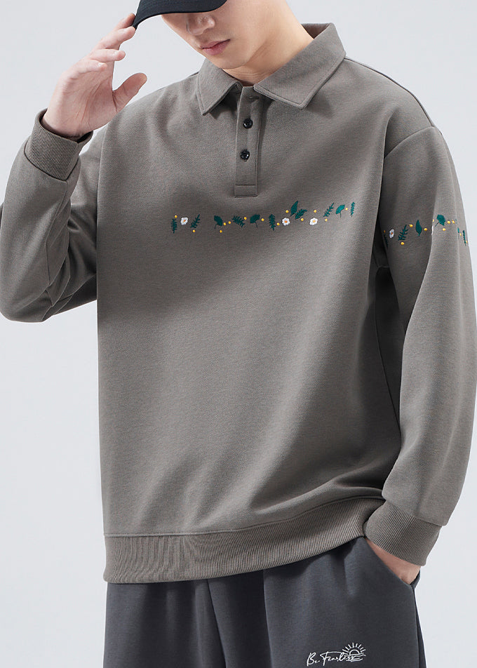 French Grey Embroideried Button Cotton Mens Sweatshirts Spring TC020