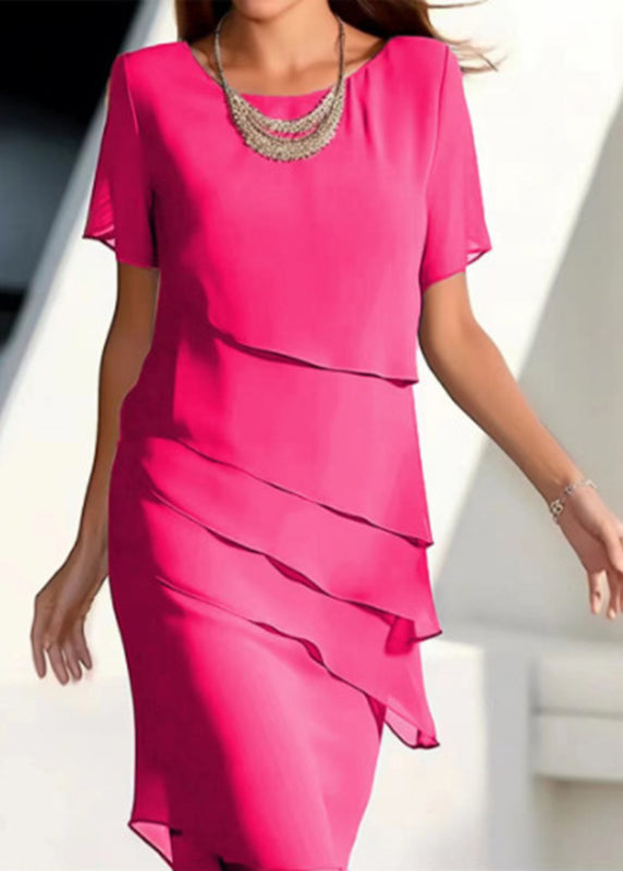 Solid French Maxi O-Neck Dresses Short Khaki Layered Chiffon