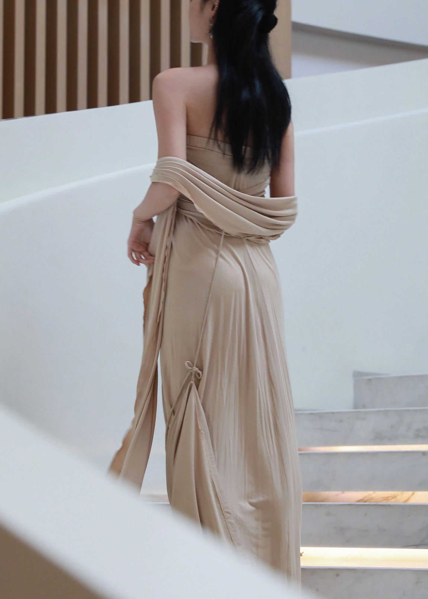 Shoulder French Khaki The Dresses Long Off Wrinkled Cotton