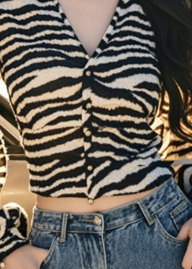 Button French Tops Lantern Sleeve V Leopard Neck