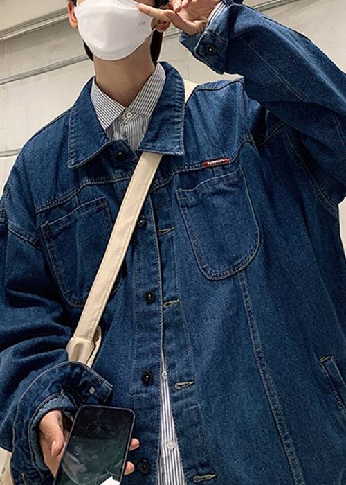 French Navy Print Button Pockets Denim Men Coats Spring TC041