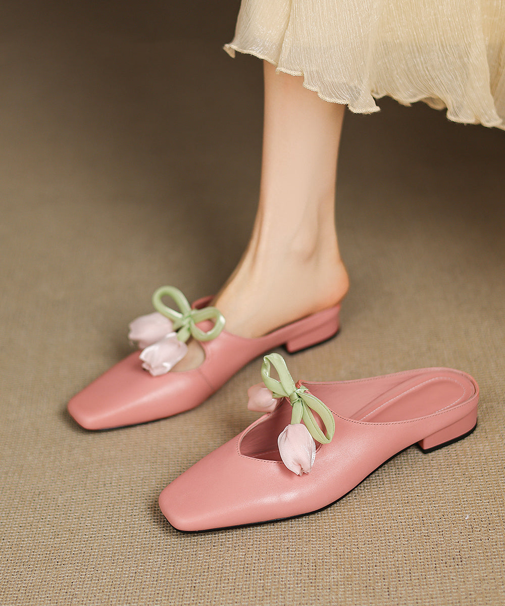 French Floral Pink Cowhide Leather Slide Sandals Splicing