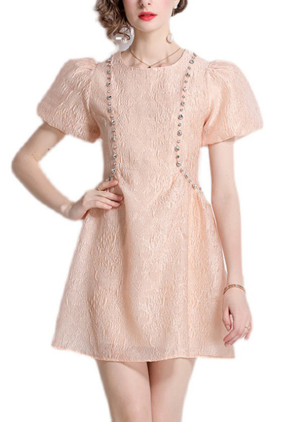 O Jacquard French Neck Summer Bead Cotton Nail Pink Dresses