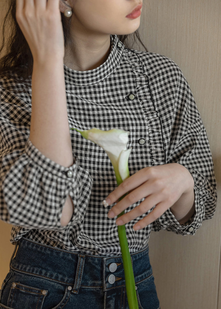 French Plaid Stand Collar Ruffled Cotton Shirt Long Sleeve SS004