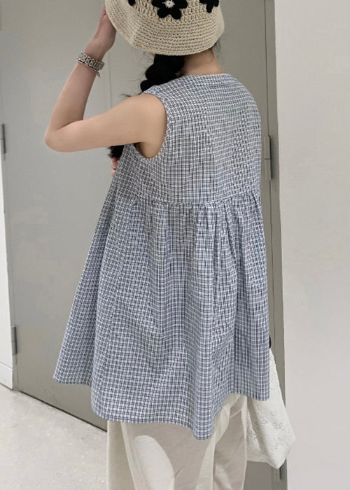 V Sleeveless Wrinkled Neck Plaid Shirts French Cotton