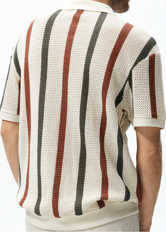 Summer Striped French Knit Rainbow Men Hollow Out Graphic Tees