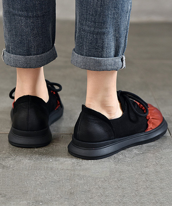 Chaussures plates à lacets en cuir de vachette rouge français RT1039