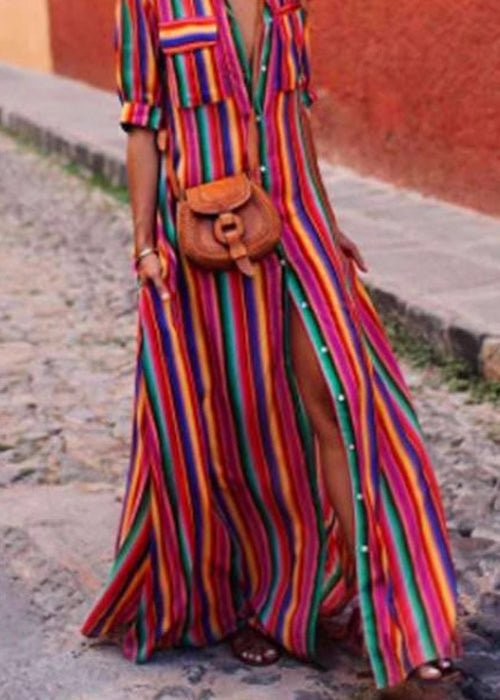 Dresses Button Striped French Red Shirts Summer Cotton