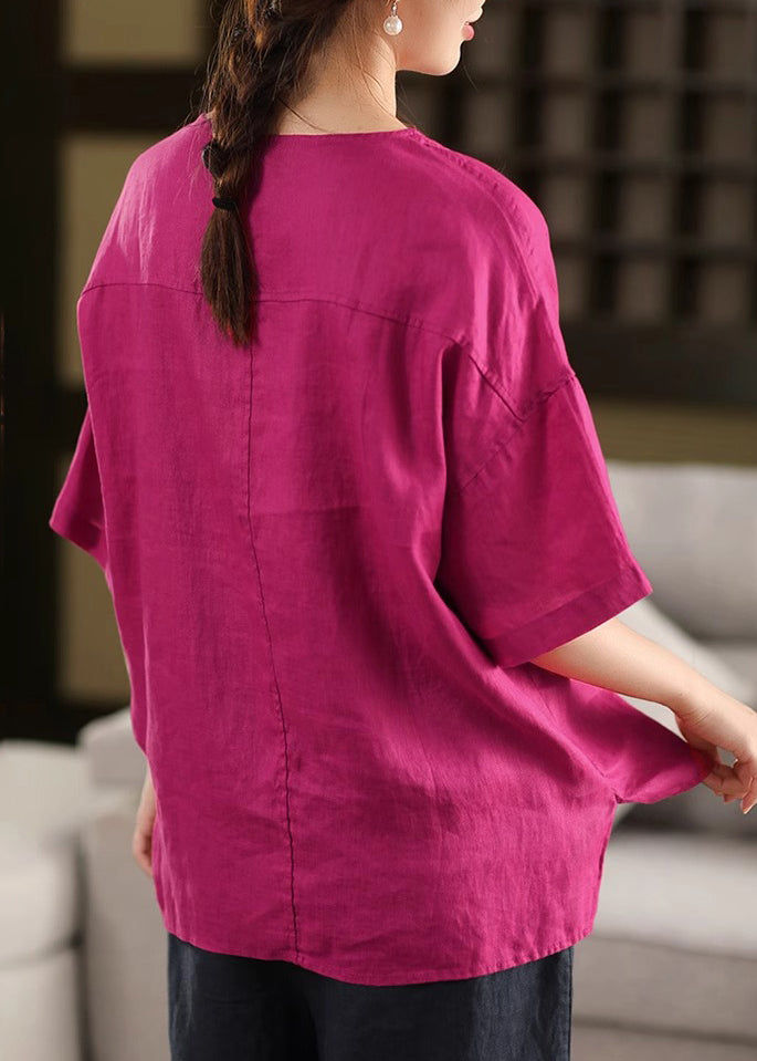 French Sleeve T Half Shirt Rose Embroidered Cotton Open Side