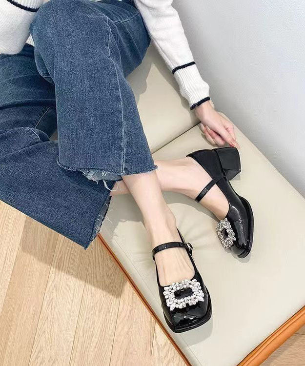 French Splicing Buckle Strap Zircon Chunky Heel Black Faux Leather DD1042