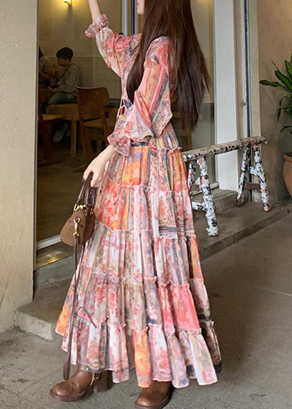 French Two Pieces Print Maxi Dress Flare V Set And Waistcoat Neck