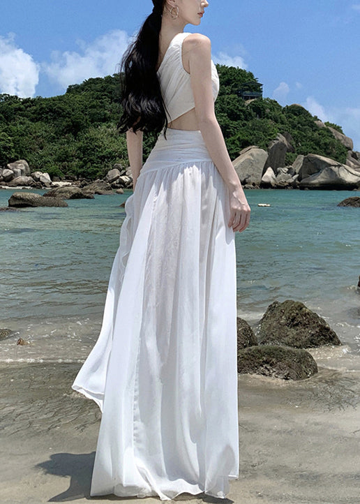 White Vacation Chiffon Asymmetrical Wrinkled French Dresses