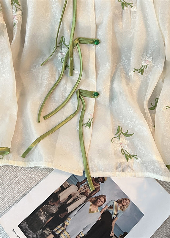 French White Chinese Button Embroidered Chiffon Shirt Long Sleeve JH064