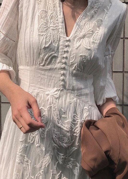 White Waist Embroidered French Sleeve Lantern Dress High Long