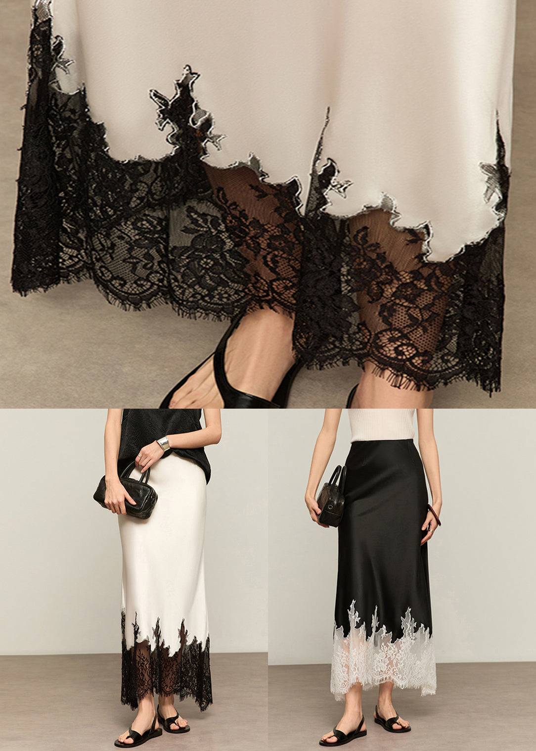 Summer White French High Lace Patchwork Silk Skirts Waist