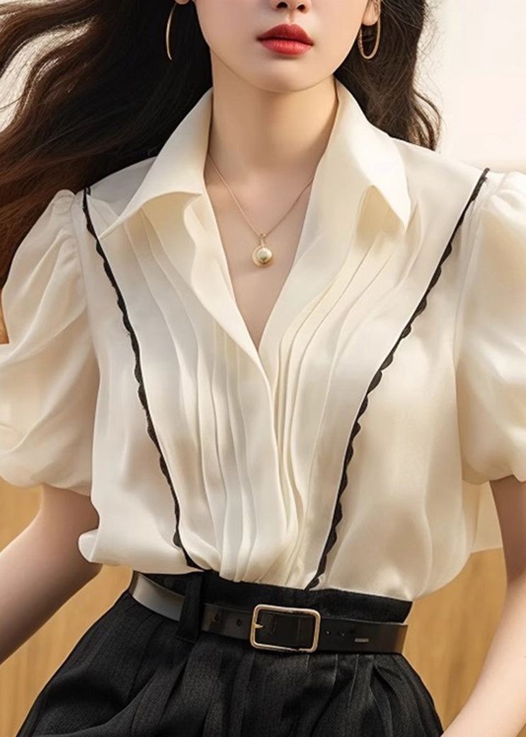 White Silk Peter Tops Summer French Patchwork Pan Collar Wrinkled