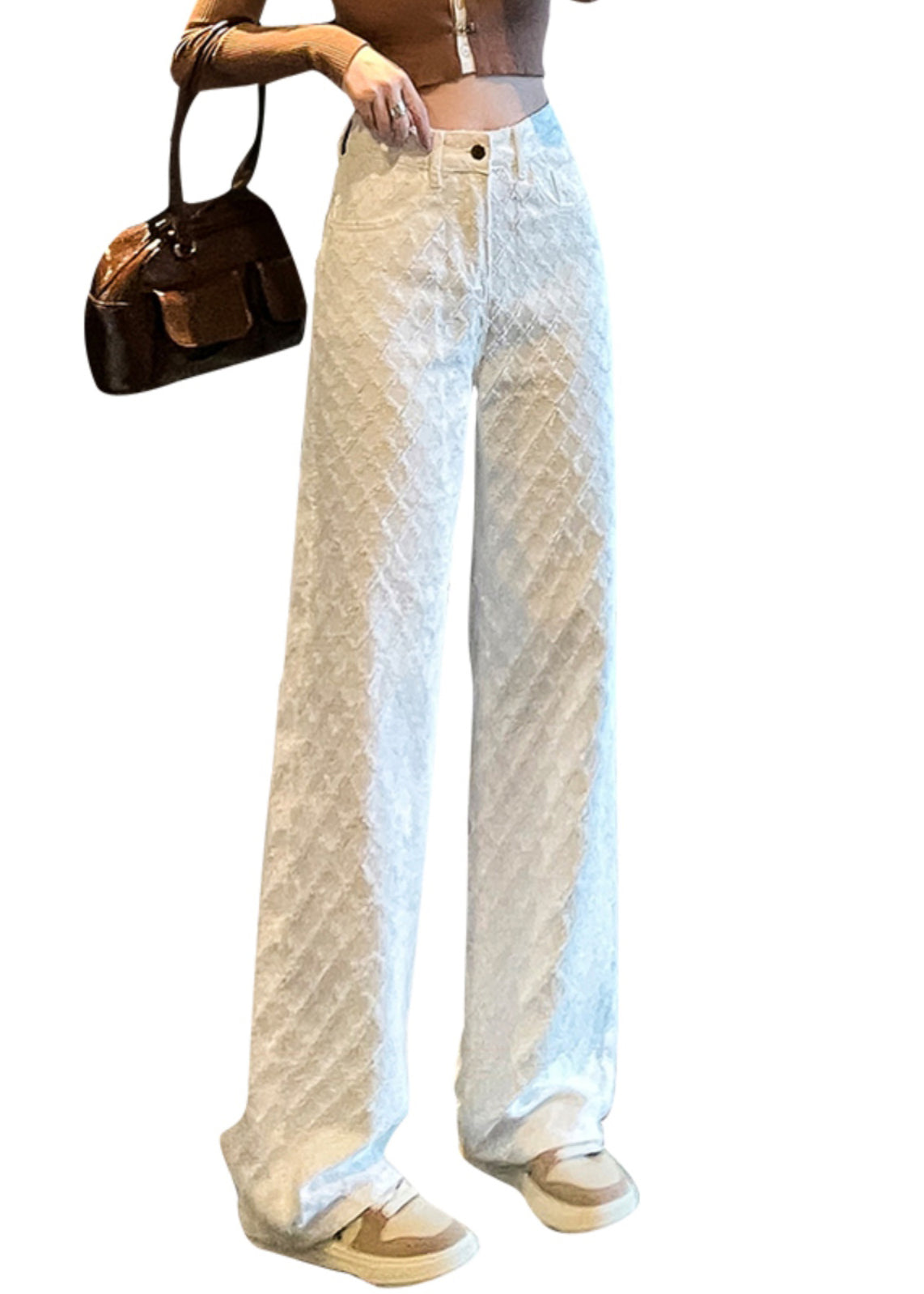 French White Pockets High Waist Denim Straight Pants Spring YF007