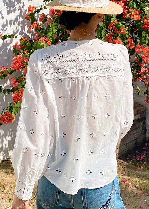 Out Spring French Cotton Neck Shirt Embroidered Hollow V White