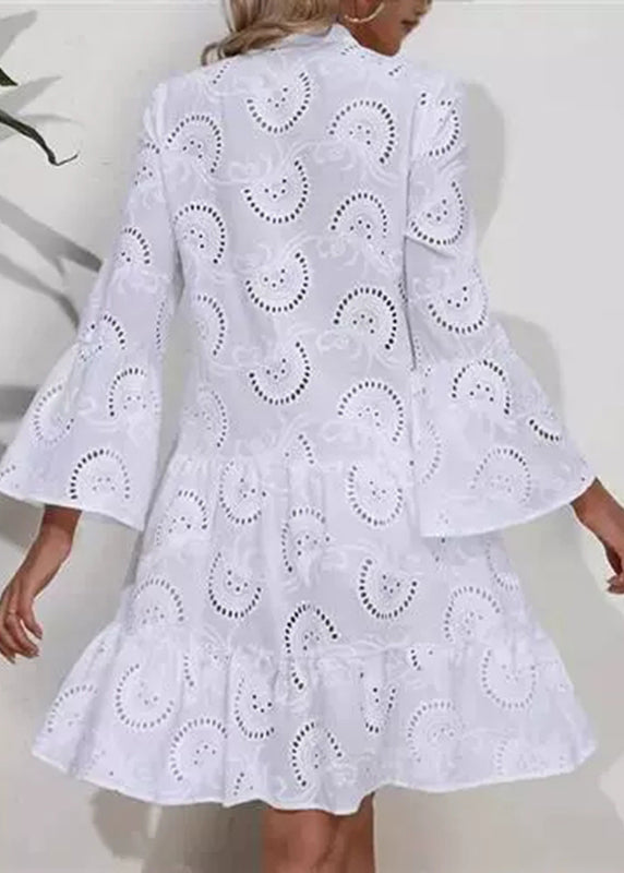 White Long Lace Holiday Neck Out Hollow French Dress V Fall