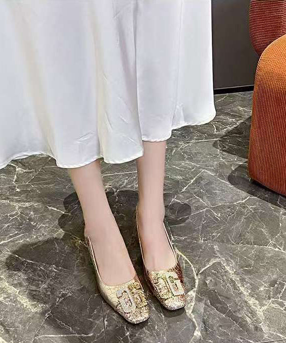 High Gold Toe Splicing Chunky Heels Square Zircon Chic