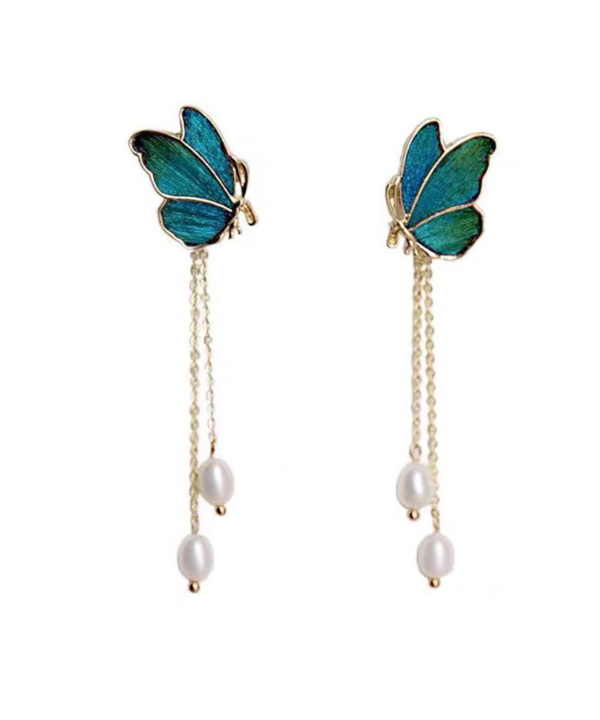 Copper Color Butterfly Gradient Pearl Overgild Tassel Drop Blue