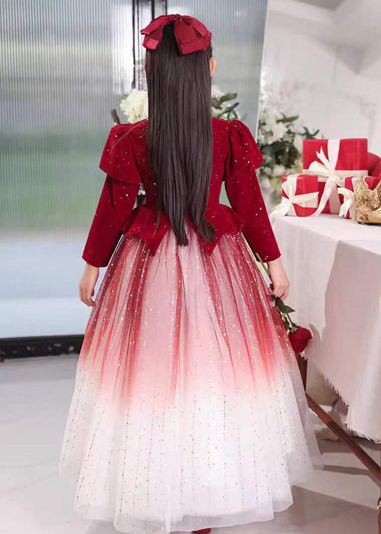 Girls Wrinkled Red Tulle Long Dress Color Patchwork Gradient