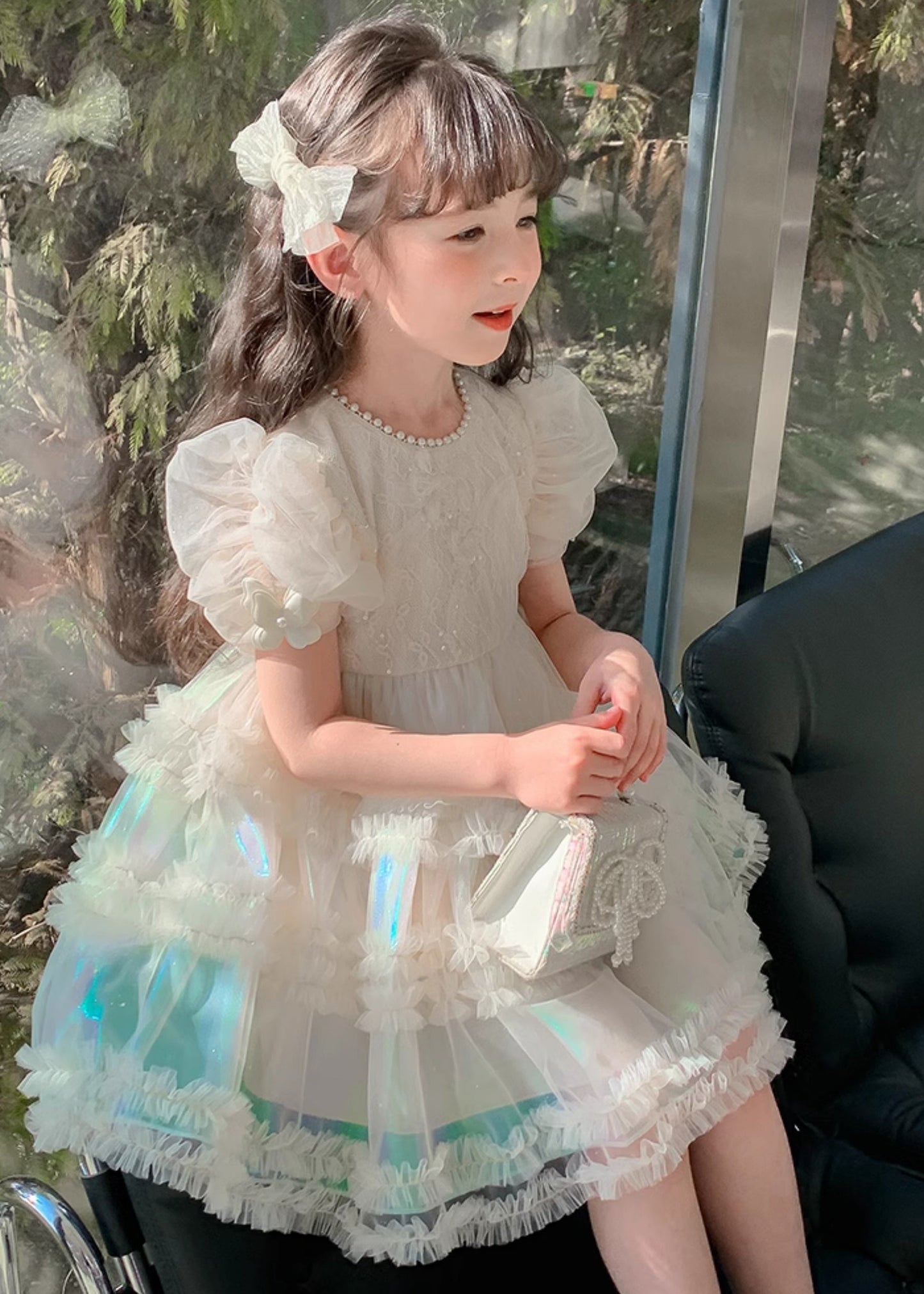 Gradient Color White Ruffled Patchwork Nail Bead Tulle Kids Long Dress Short Sleeve XZ044