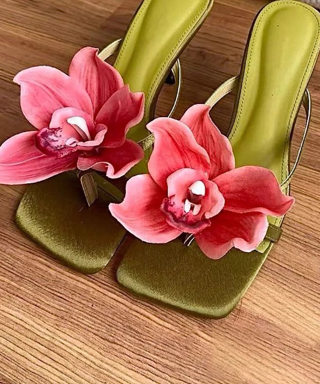 Sandals Handmade Floral Green Heels High Splicing Slide