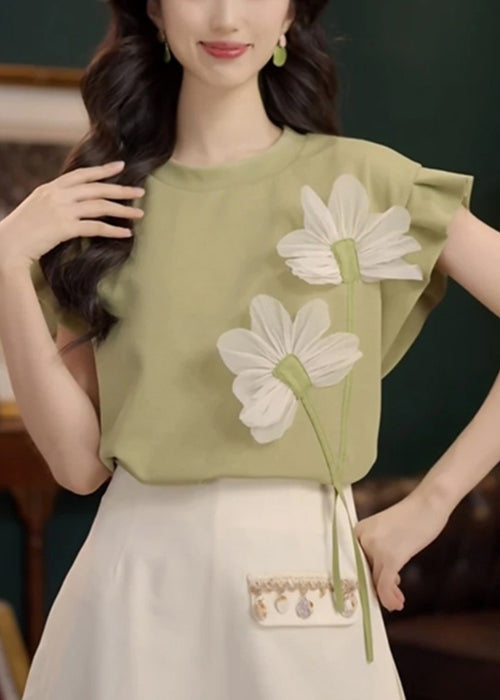 Green Neck Shirt Solid T Patchwork Floral O Cotton Summer
